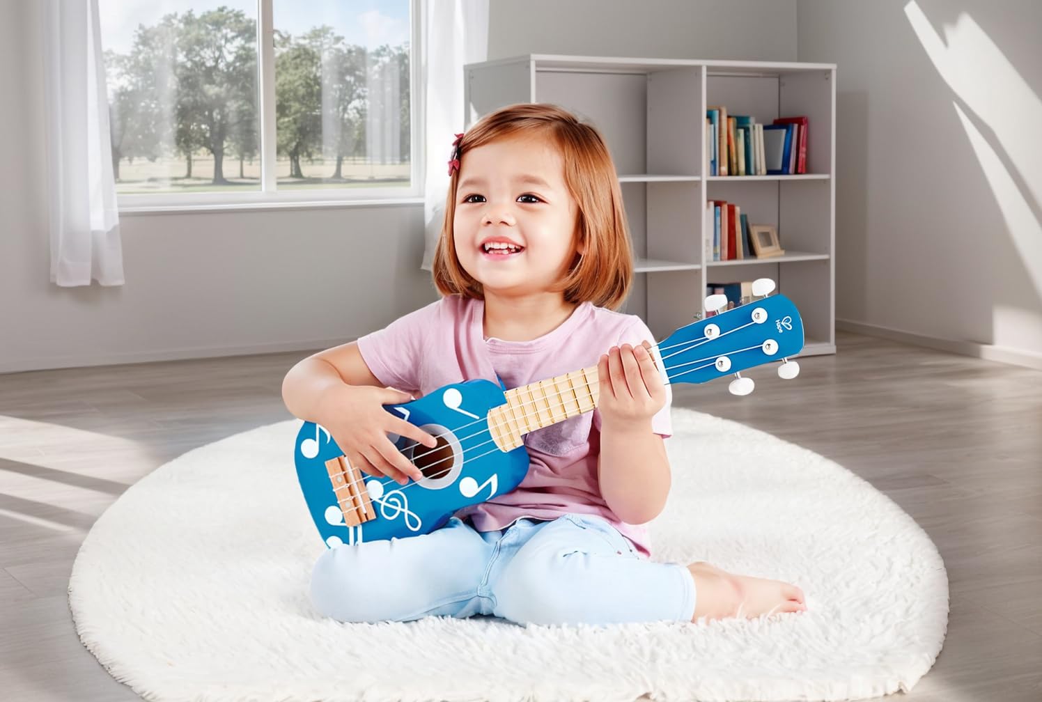 Hape Giochi musicali E0604 Chitarra per ukulele in legno blu accordabile