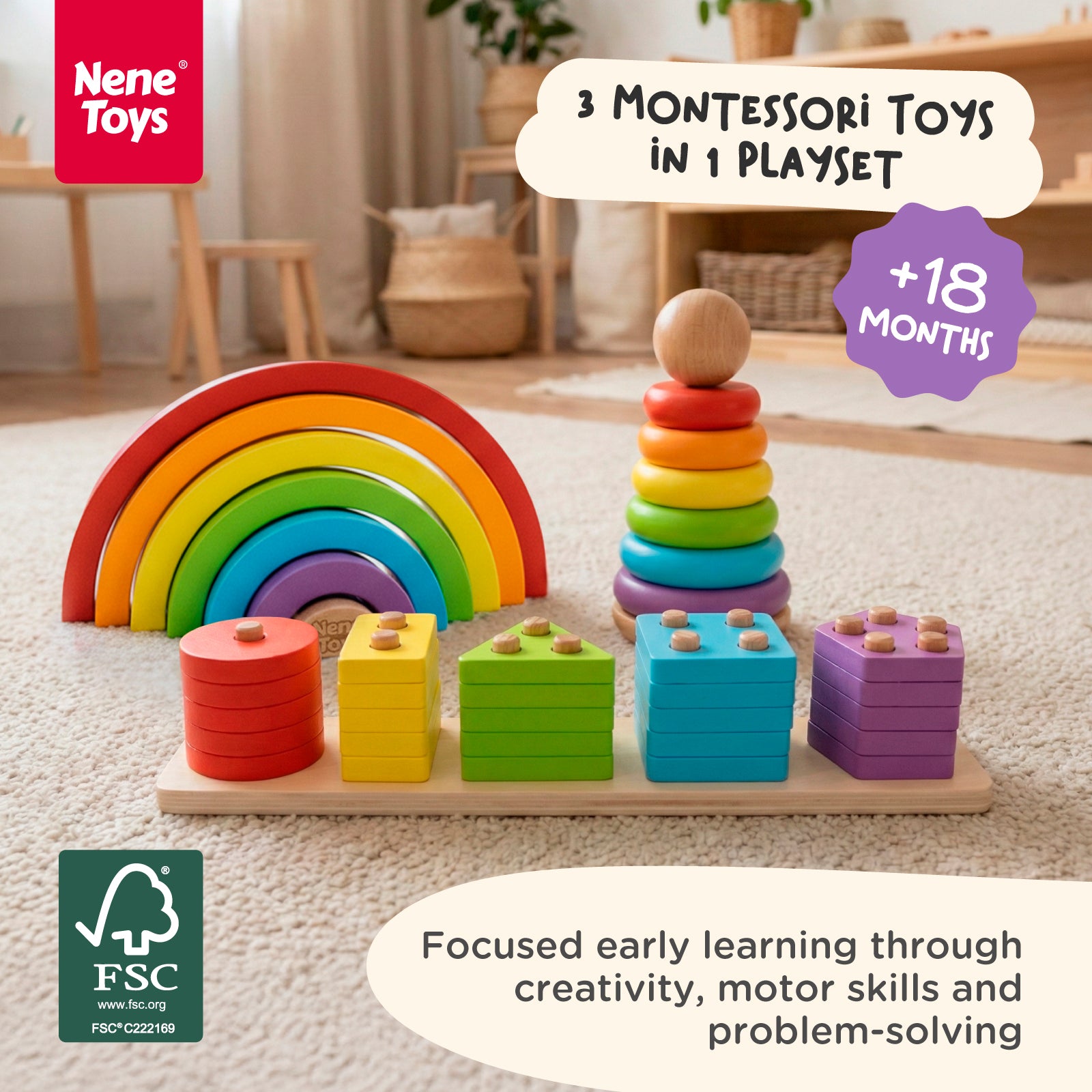 Nene Toys Building & Stacking 3 in 1 Learning Set - Classic Colors giochi in legno