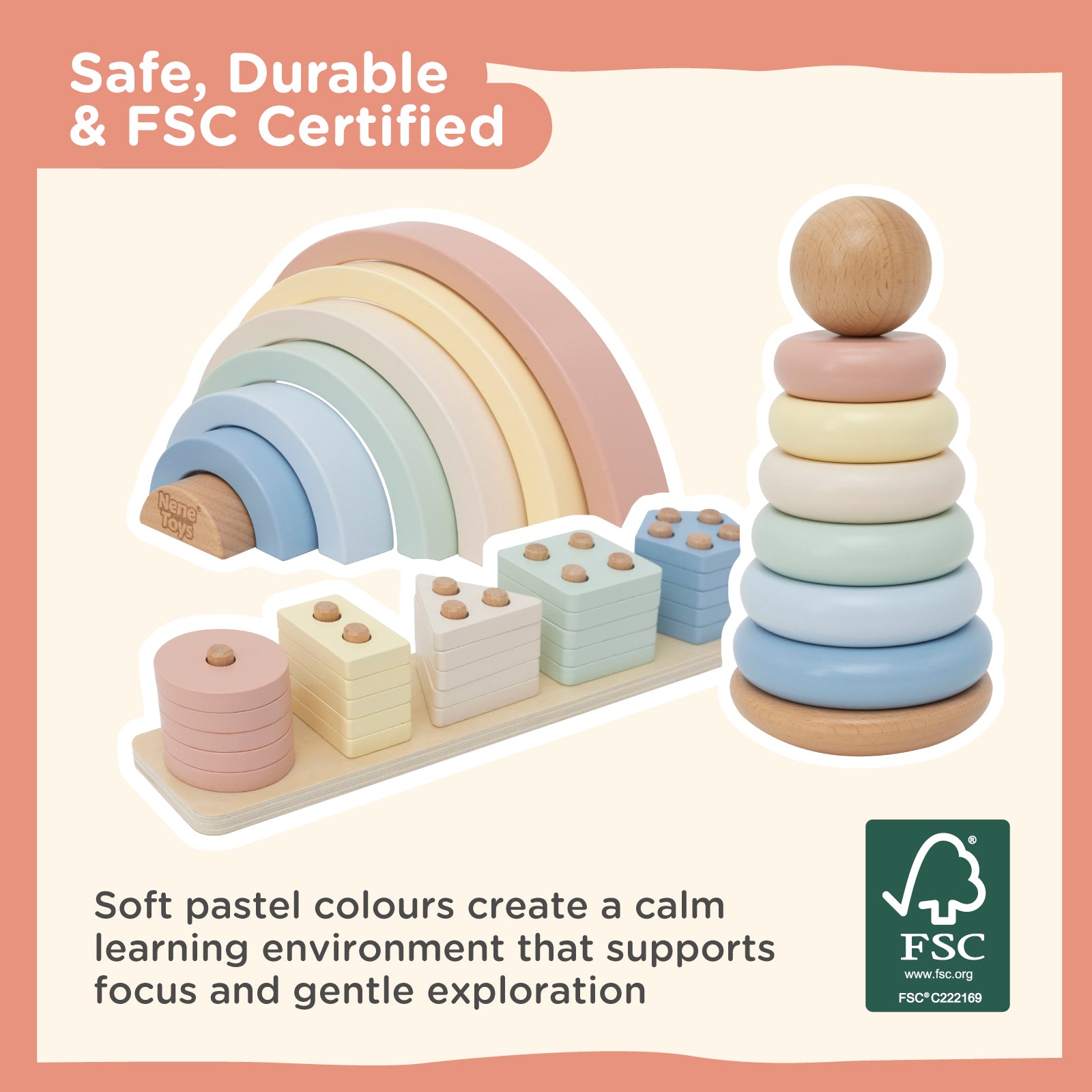 Nene Toys Building & Stacking 3 in 1 Learning Set gioco legno colori pastello