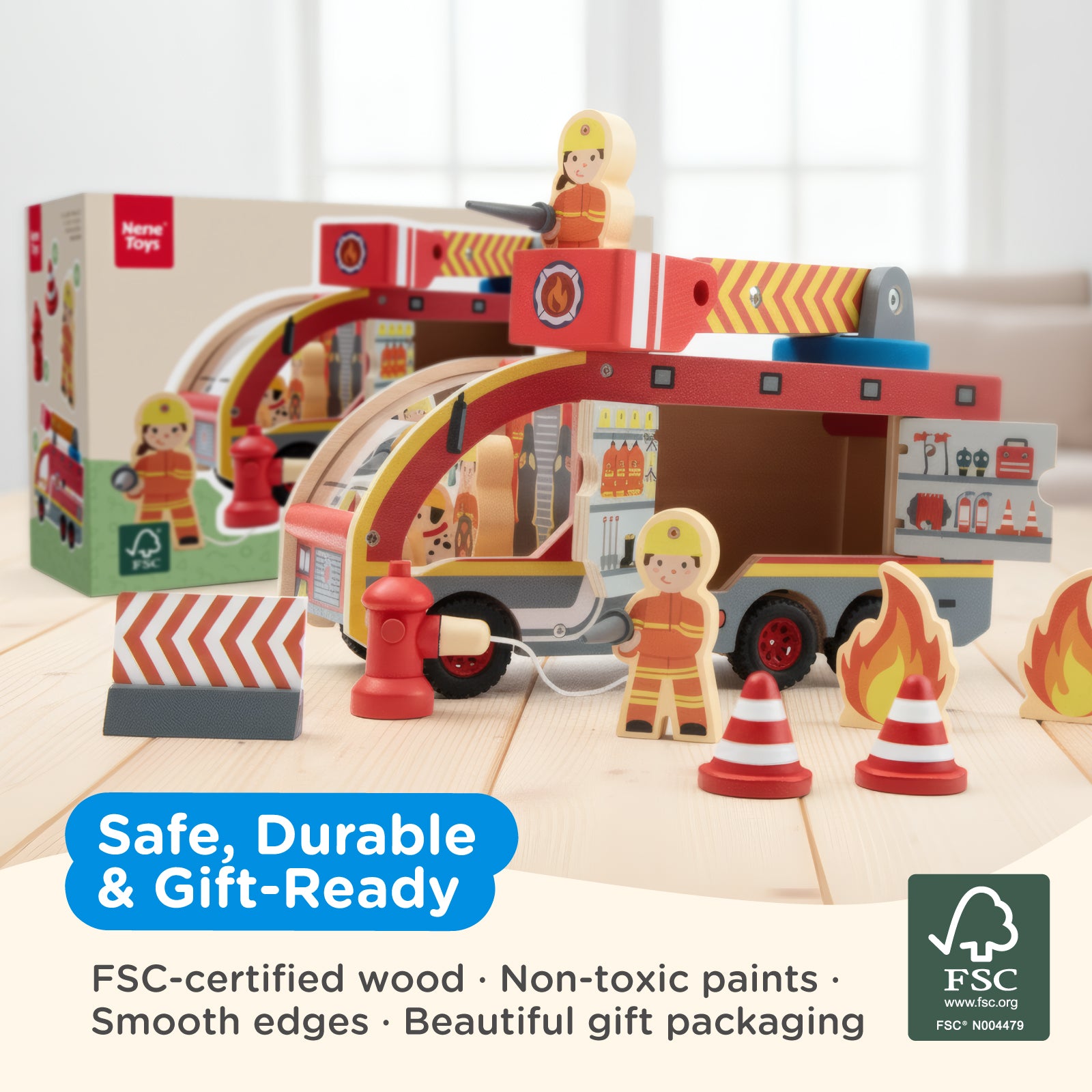 Nene Toys Vehicles & Adventure FireTruck Playset camion dei pompieri in legno