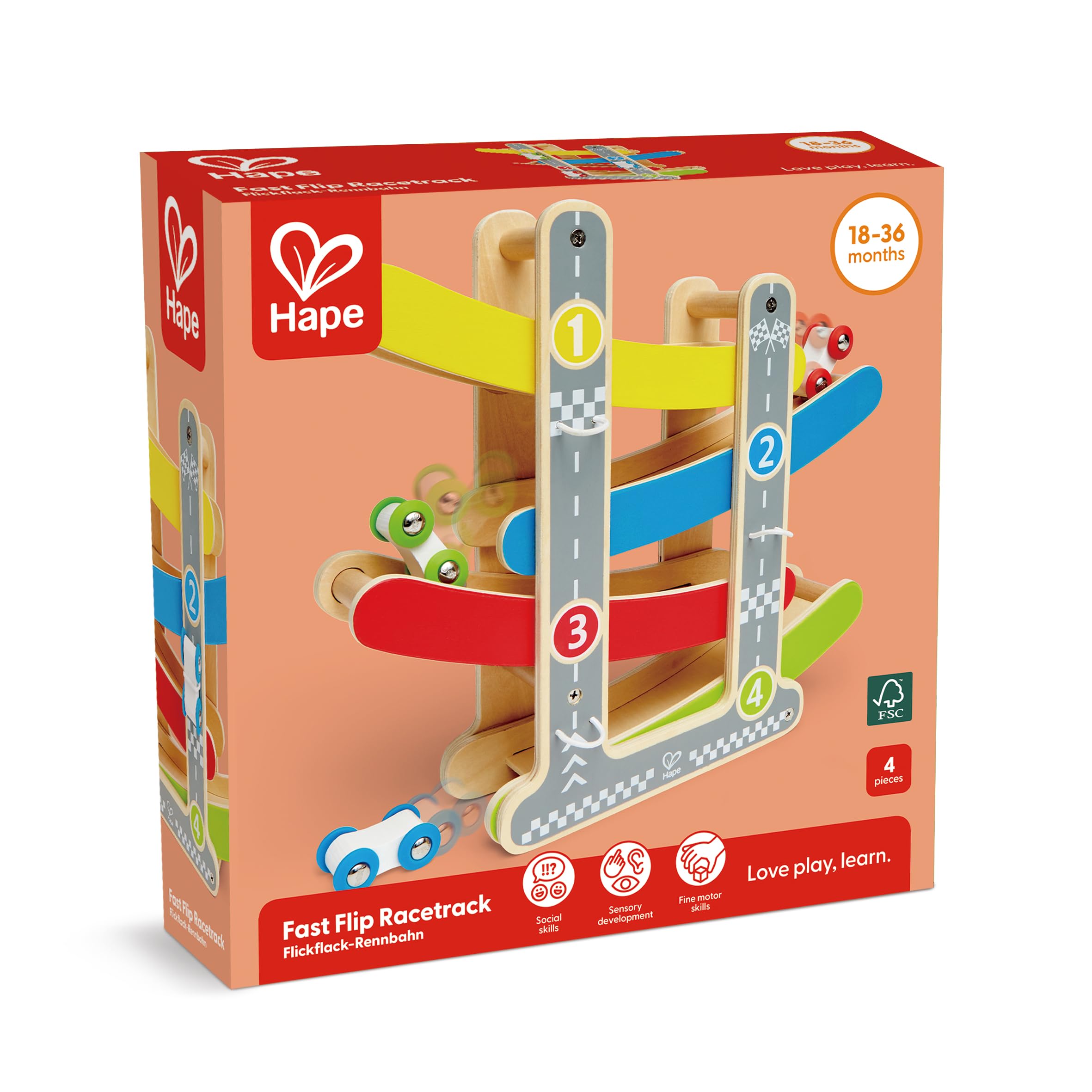 Hape Giochi circuito macchinine in discesa pista in legno con 3 auto