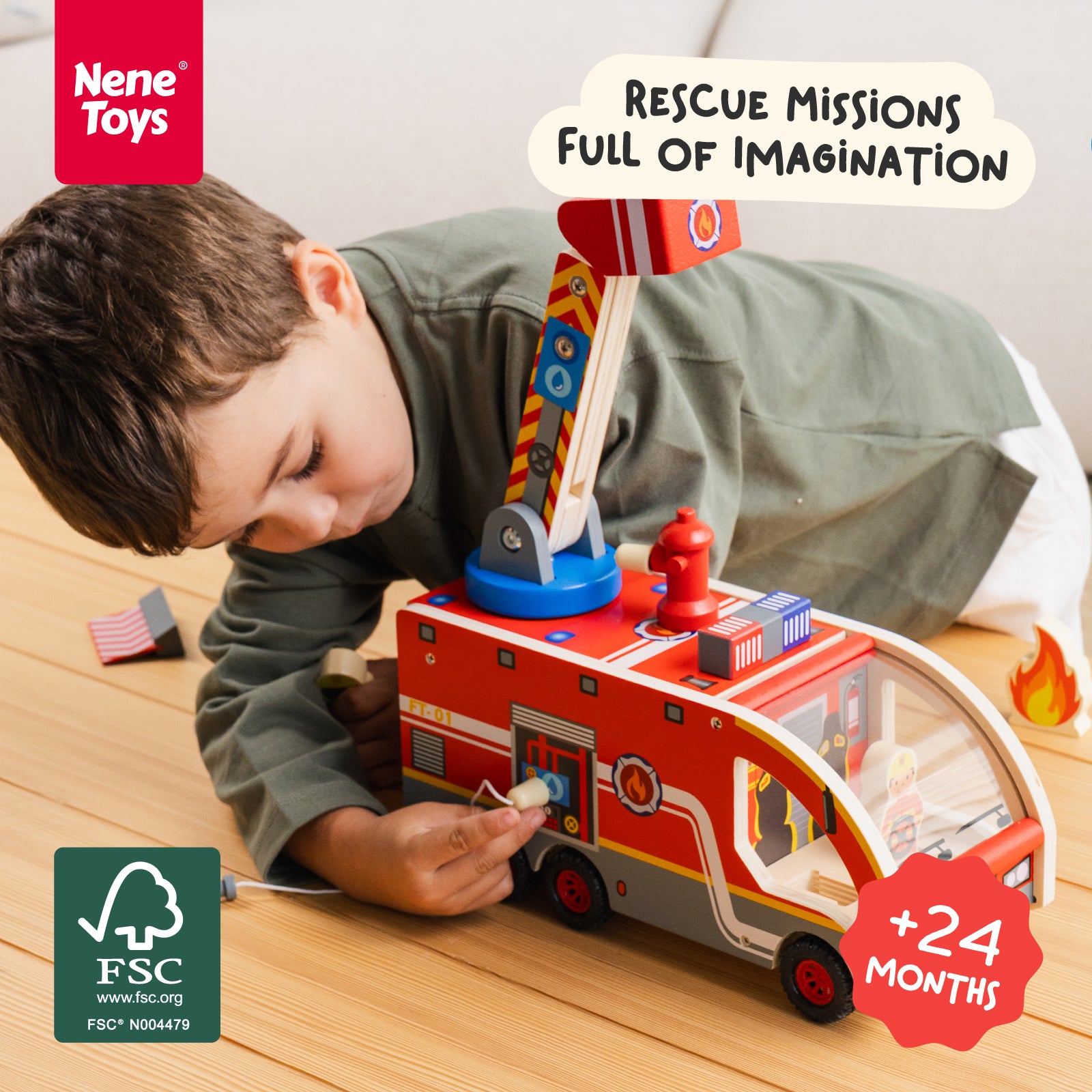 Nene Toys Vehicles & Adventure FireTruck Playset camion dei pompieri in legno