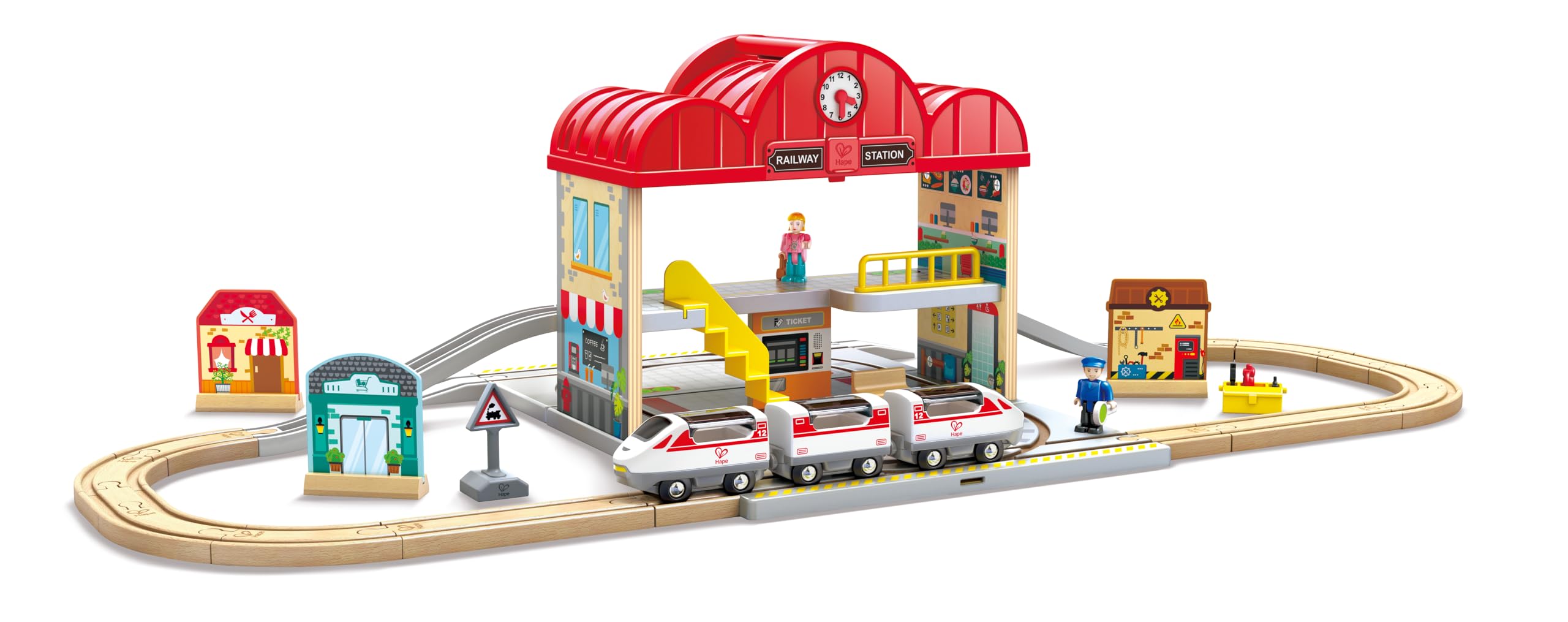 Hape Treno Set stazione ferroviaria portatile in legno con personaggi