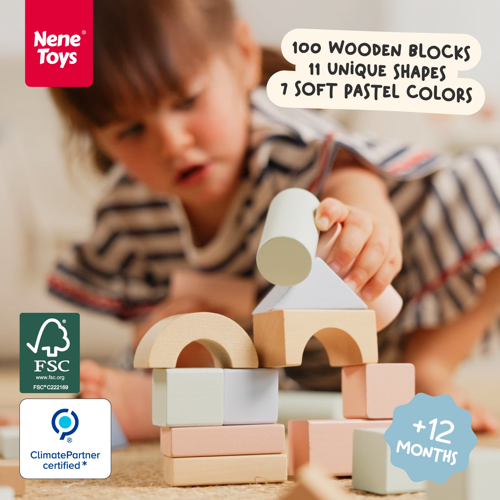 Nene Toys Building & Stacking 100pcs Wooden Building Blocks blocchi legno pastello