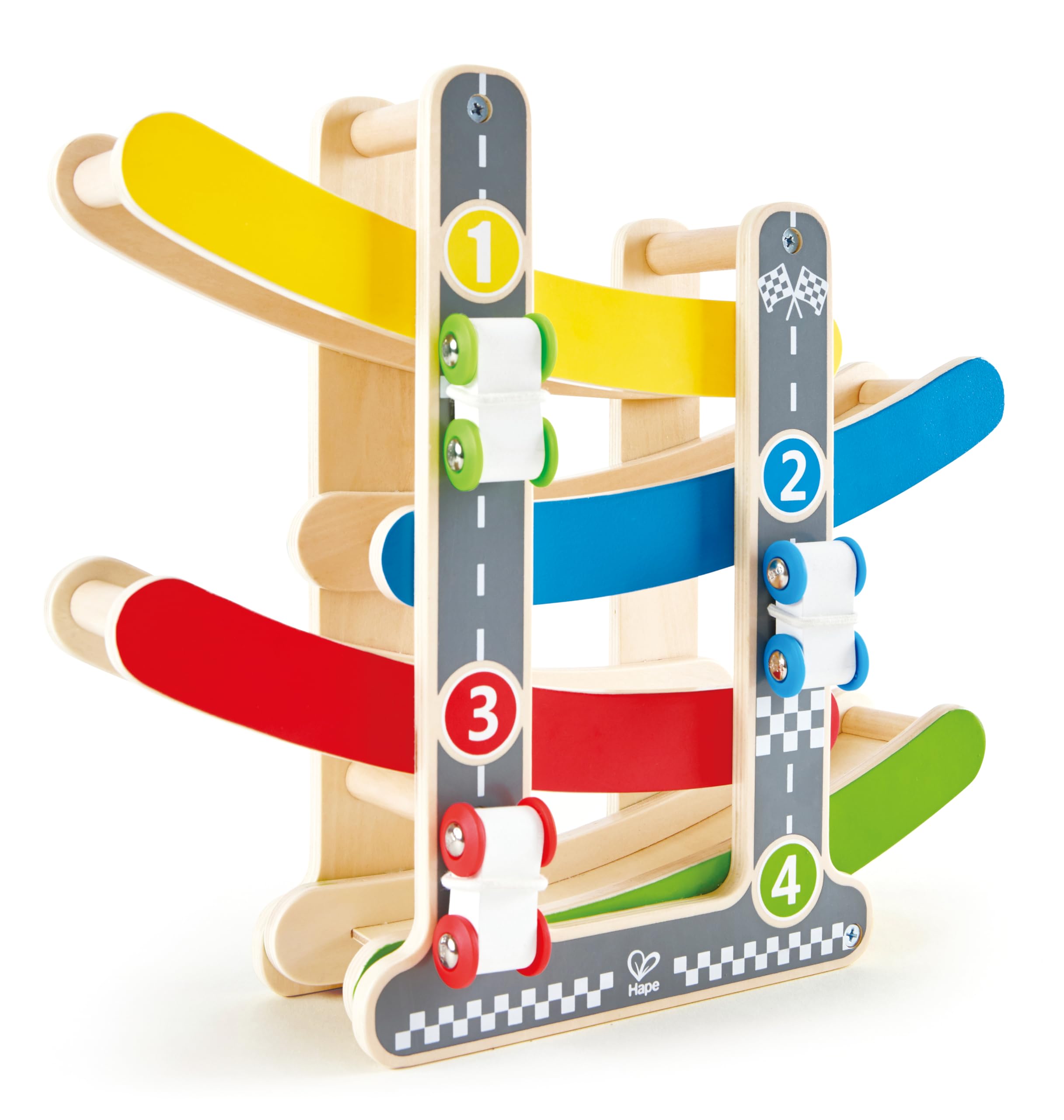 Hape Giochi circuito macchinine in discesa pista in legno con 3 auto
