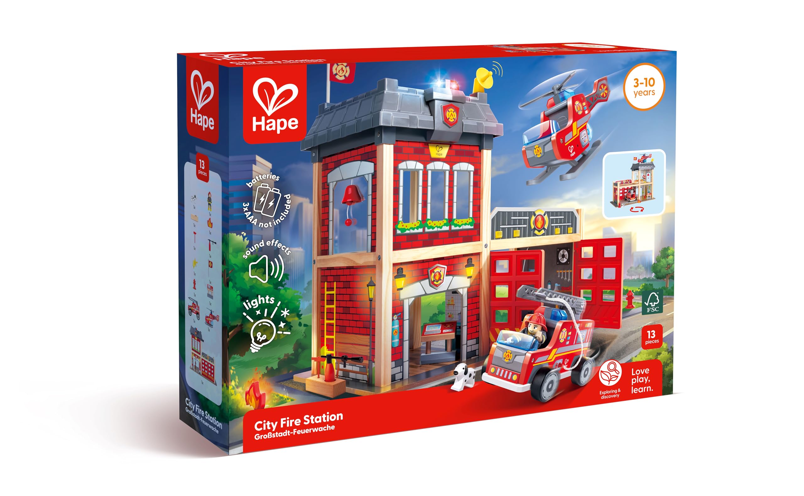 Hape Giochi di ruolo Caserma dei Pompieri casa in legno gioco pompieri luci e suoni