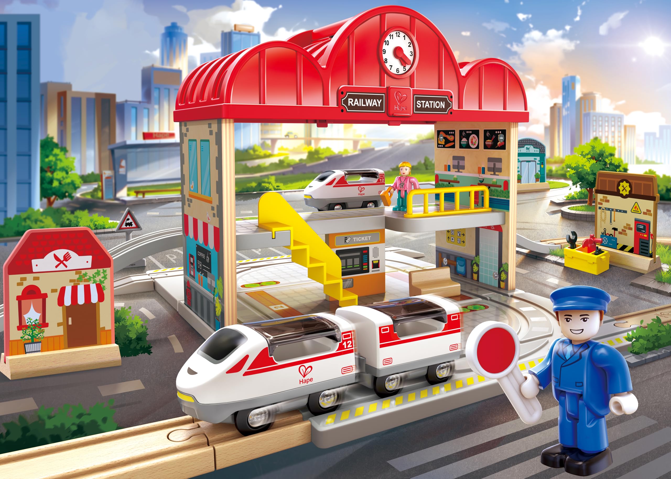 Hape Treno Set stazione ferroviaria portatile in legno con personaggi