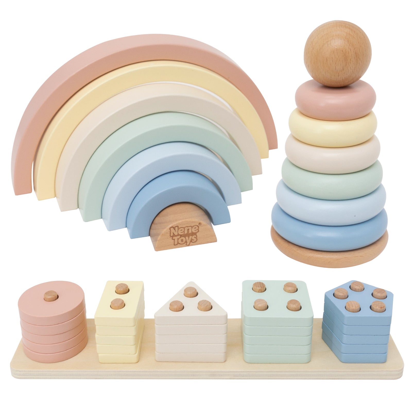 Nene Toys Building & Stacking 3 in 1 Learning Set gioco legno colori pastello