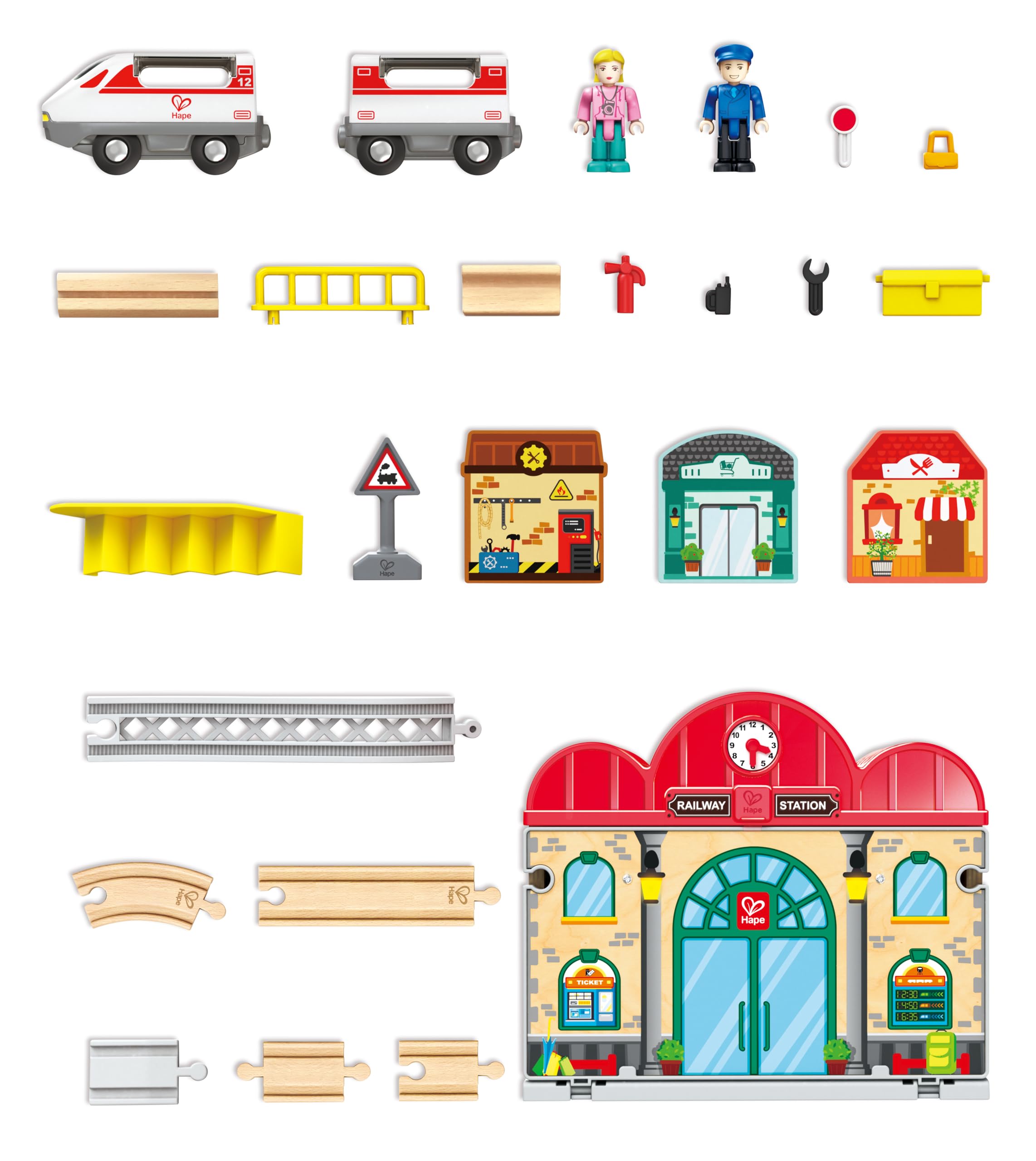 Hape Treno Set stazione ferroviaria portatile in legno con personaggi
