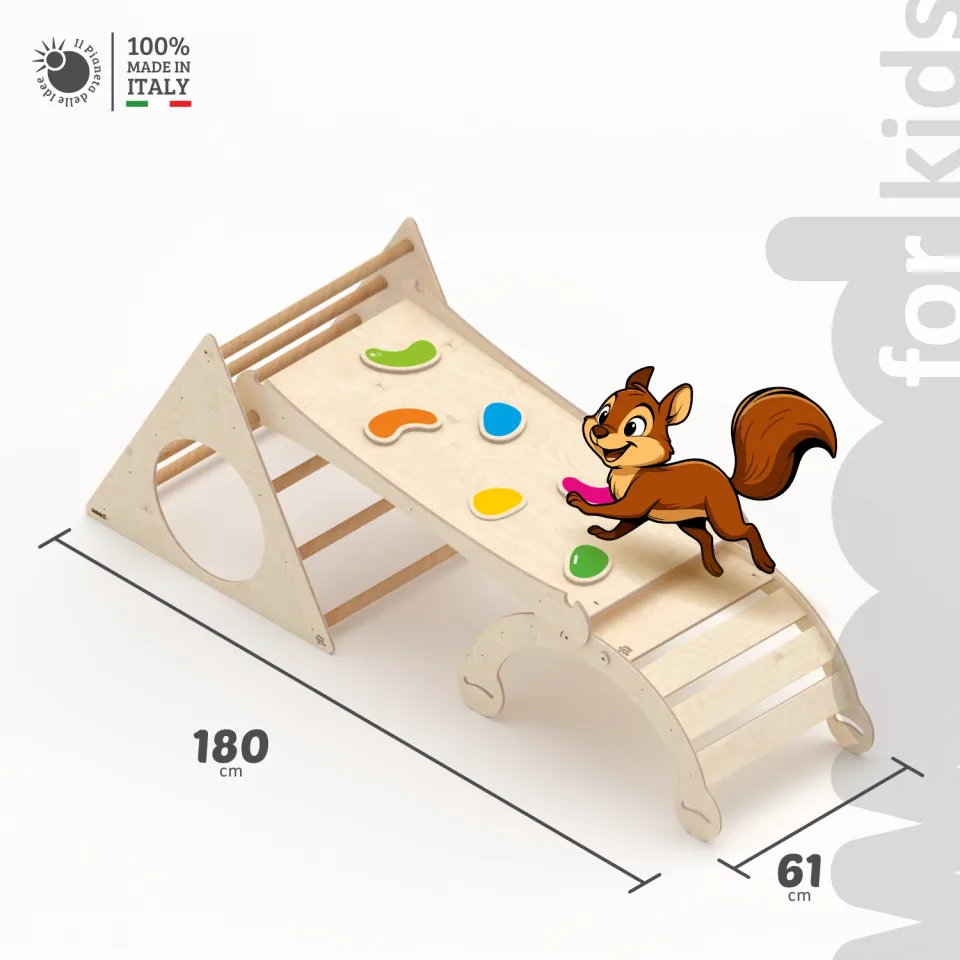 Il Pianeta delle idee Wood for Kids Montessori Palestra Arco+Triangolo+Scivolo in legno