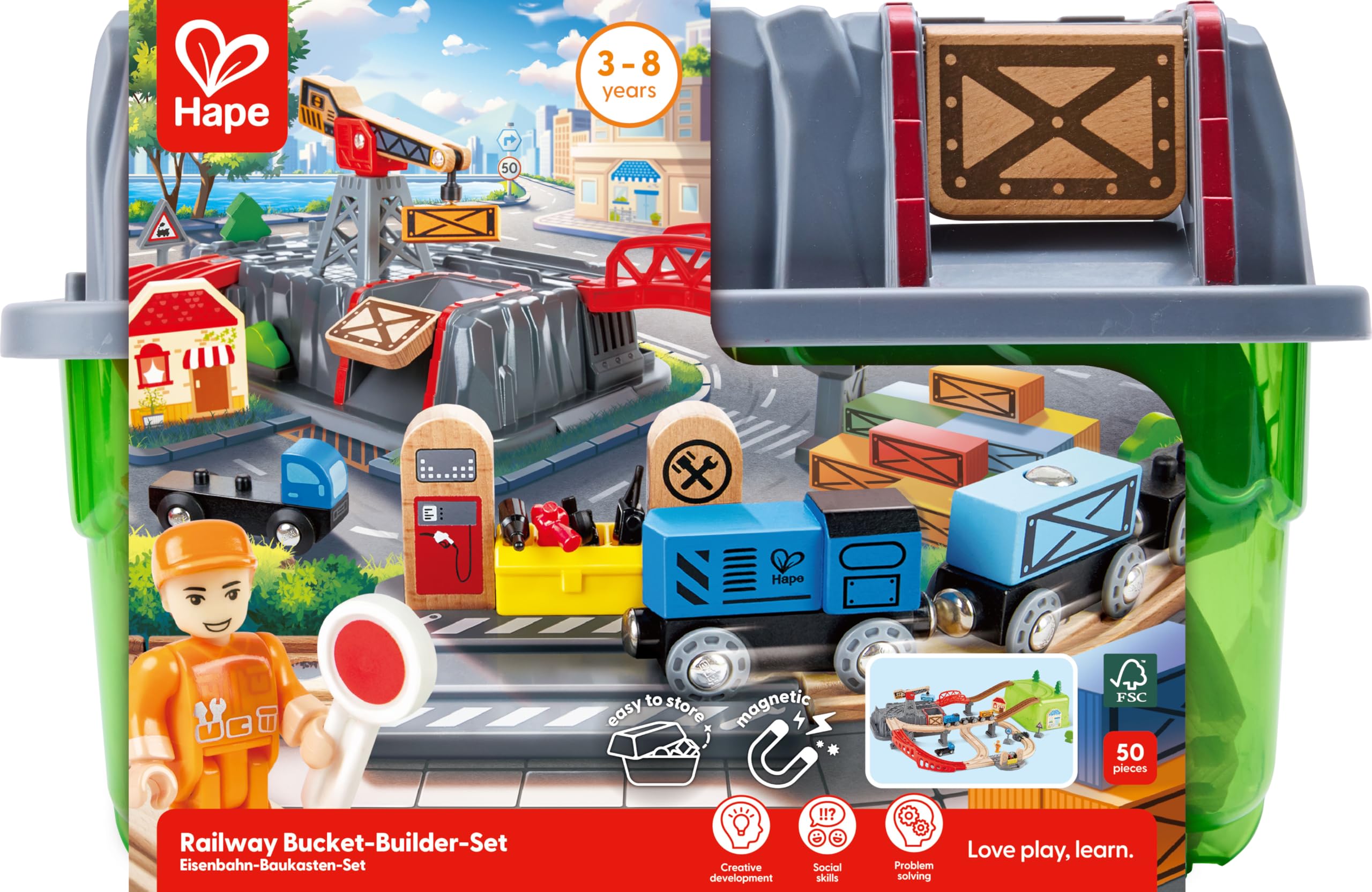 Hape Treno set costruzioni ferroviarie 50 pezzi con gru magnetica