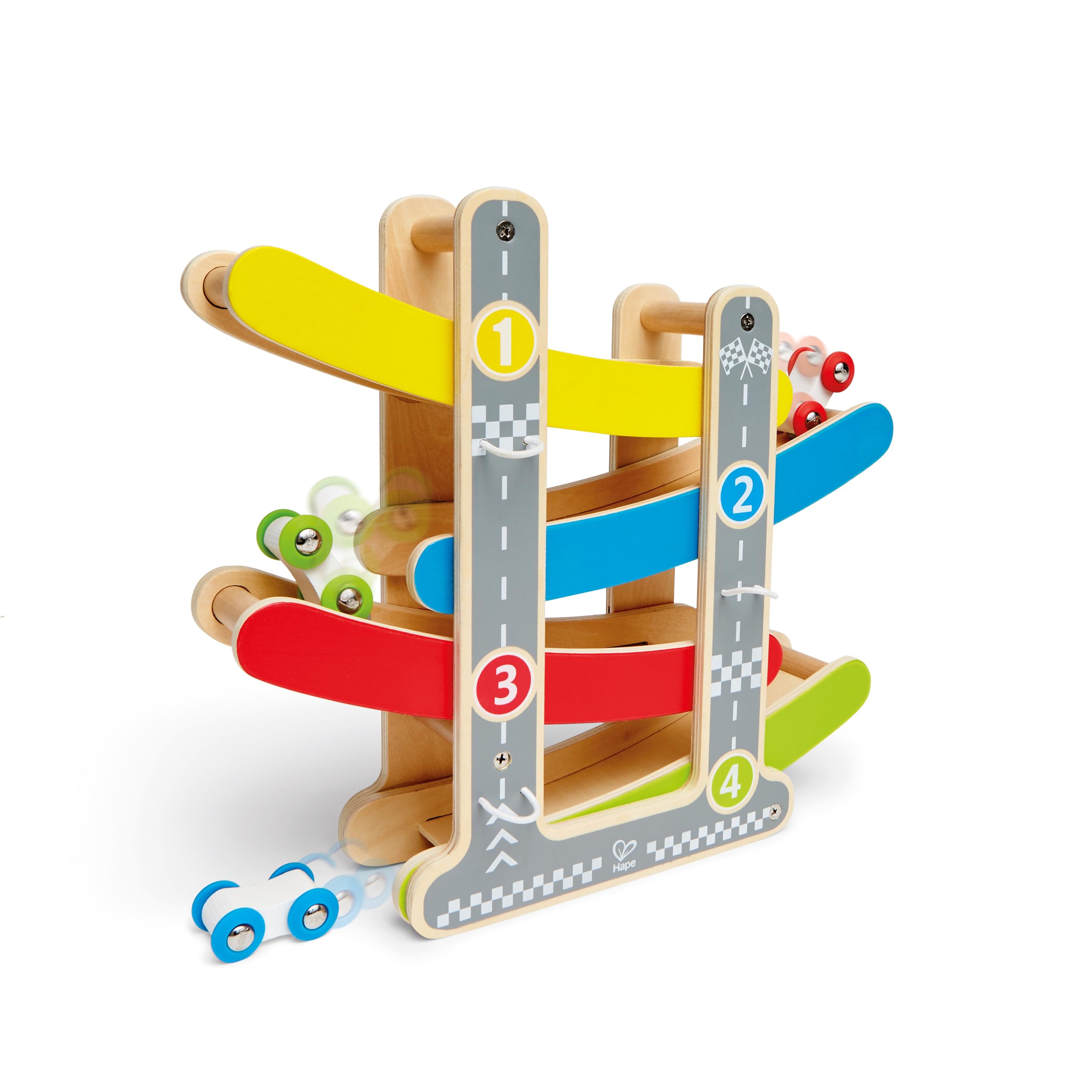 Hape Giochi circuito macchinine in discesa pista in legno con 3 auto