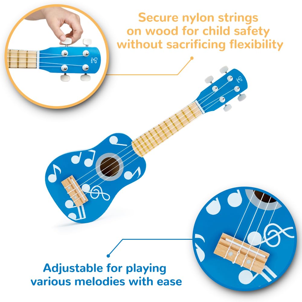 Hape Giochi musicali E0604 Chitarra per ukulele in legno blu accordabile