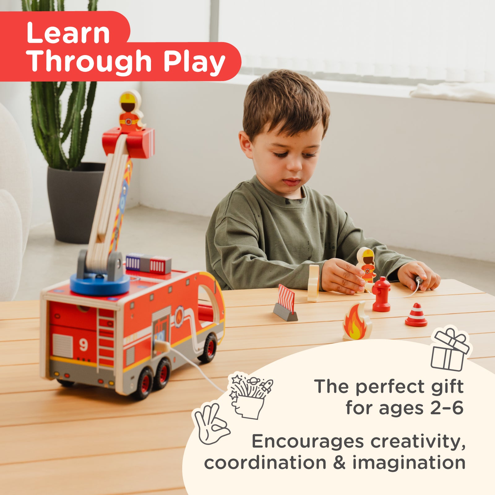 Nene Toys Vehicles & Adventure FireTruck Playset camion dei pompieri in legno
