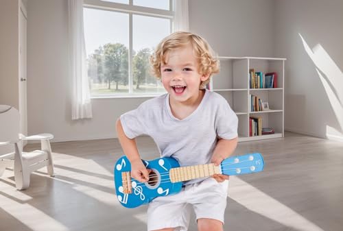Hape Giochi musicali E0604 Chitarra per ukulele in legno blu accordabile