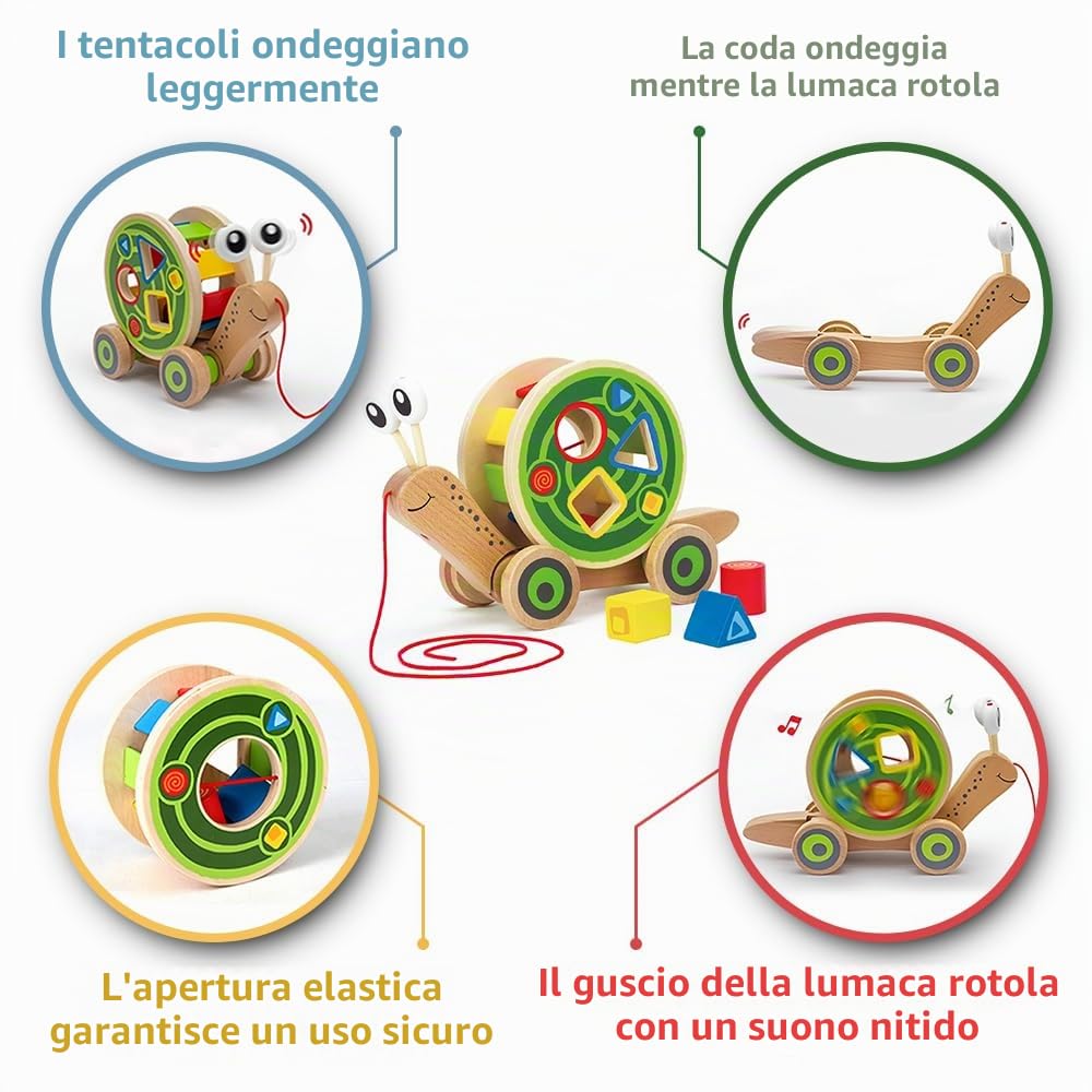 Hape Spingi e cammina Lumaca da trainare giocattolo in legno con forme a incastro