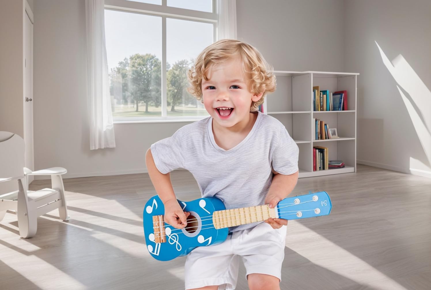 Hape Giochi musicali E0604 Chitarra per ukulele in legno blu accordabile