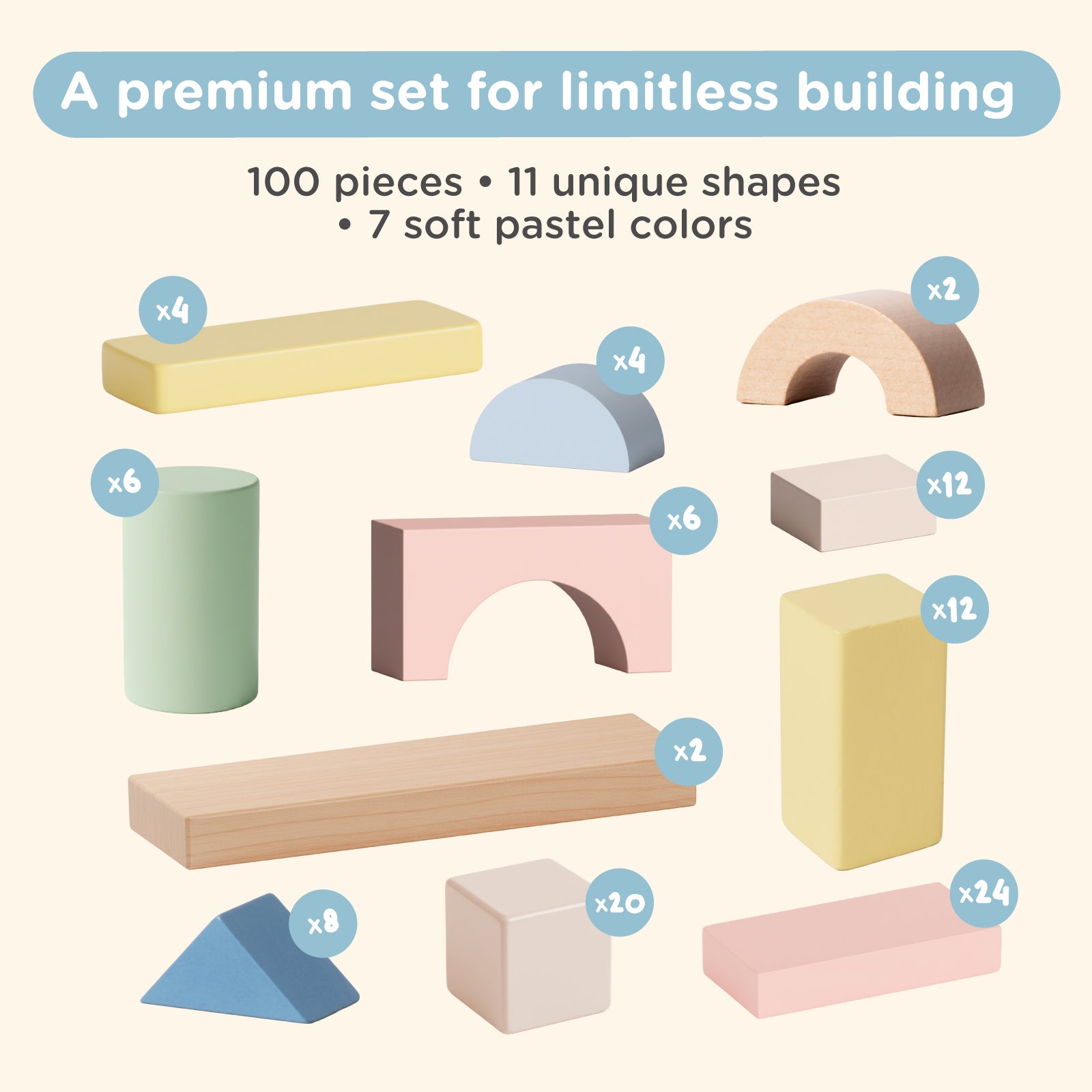 Nene Toys Building & Stacking 100pcs Wooden Building Blocks blocchi legno pastello