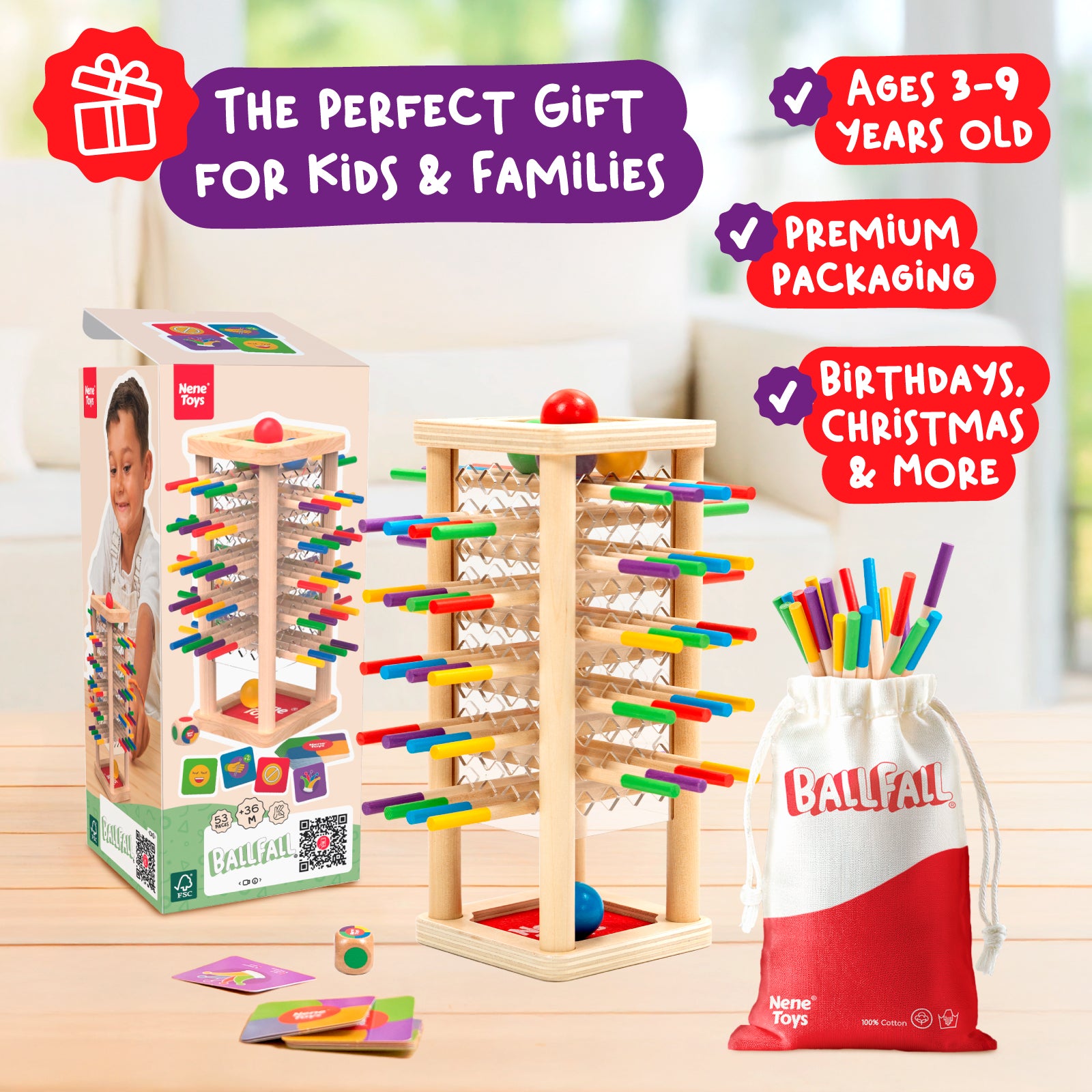 Nene Toys Family Games BALLFALL Game gioco con palline e bastoncini in legno