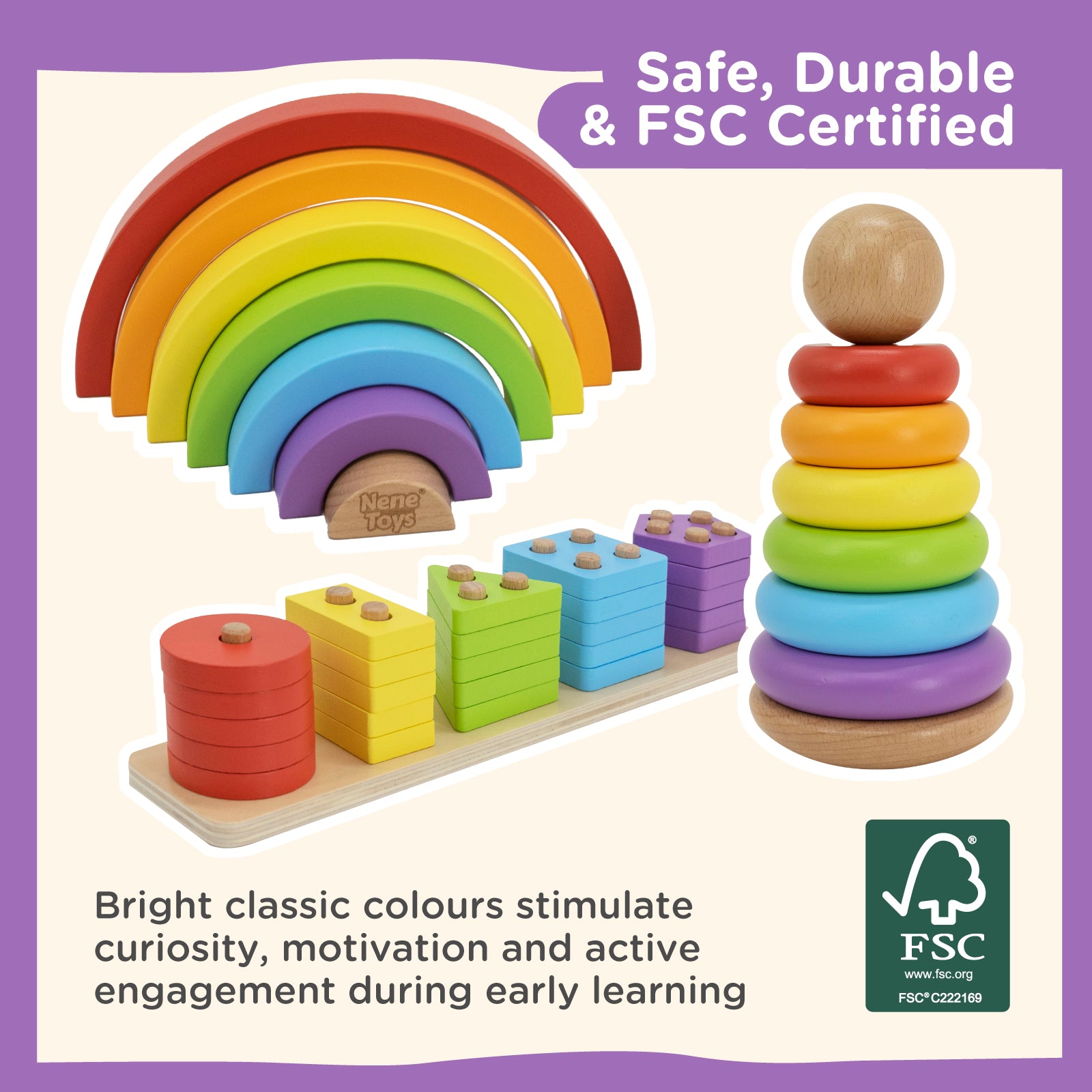 Nene Toys Building & Stacking 3 in 1 Learning Set - Classic Colors giochi in legno