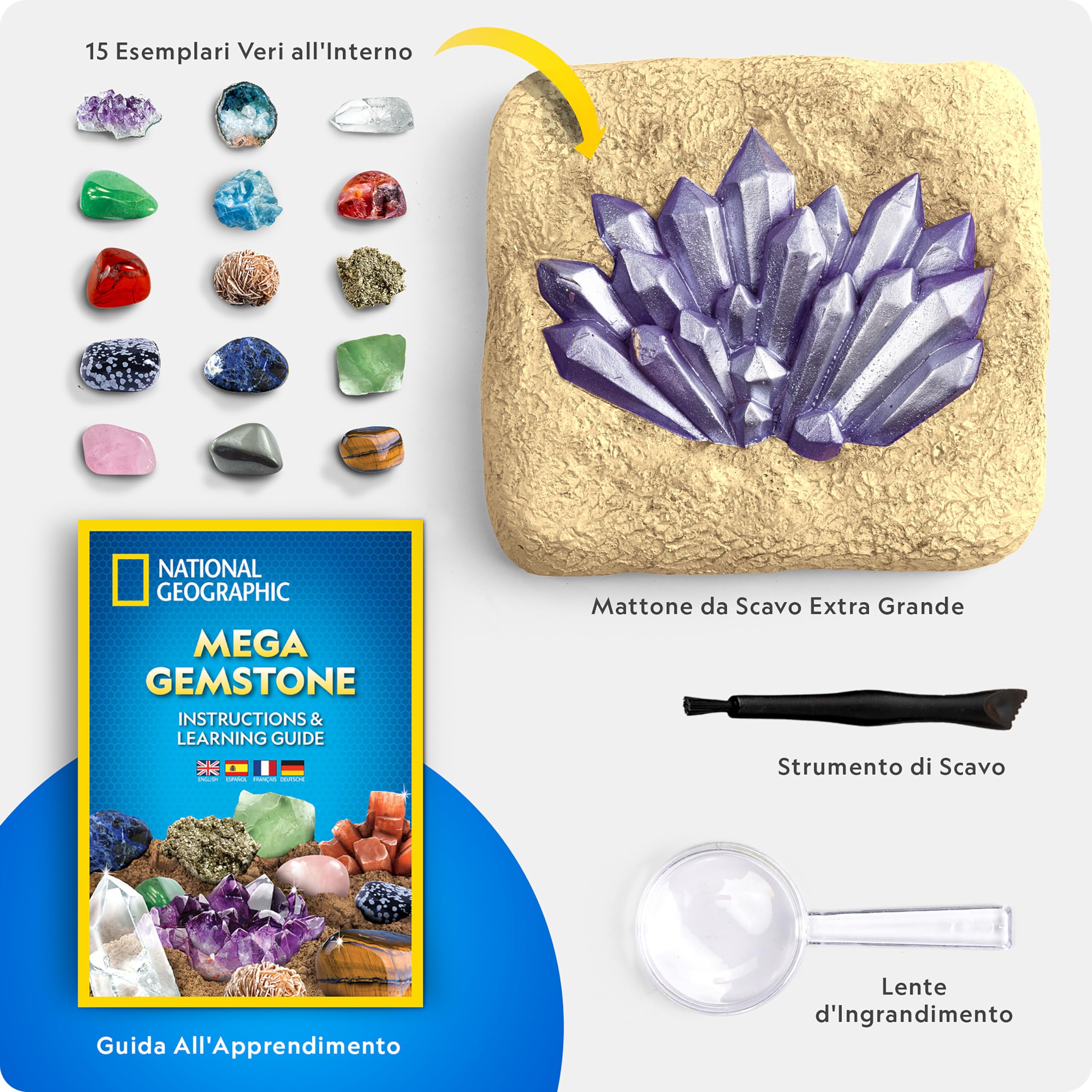 National Geographic Kit scientifici e di scoperta Mega Kit di Scavo Gemme 15 pietre