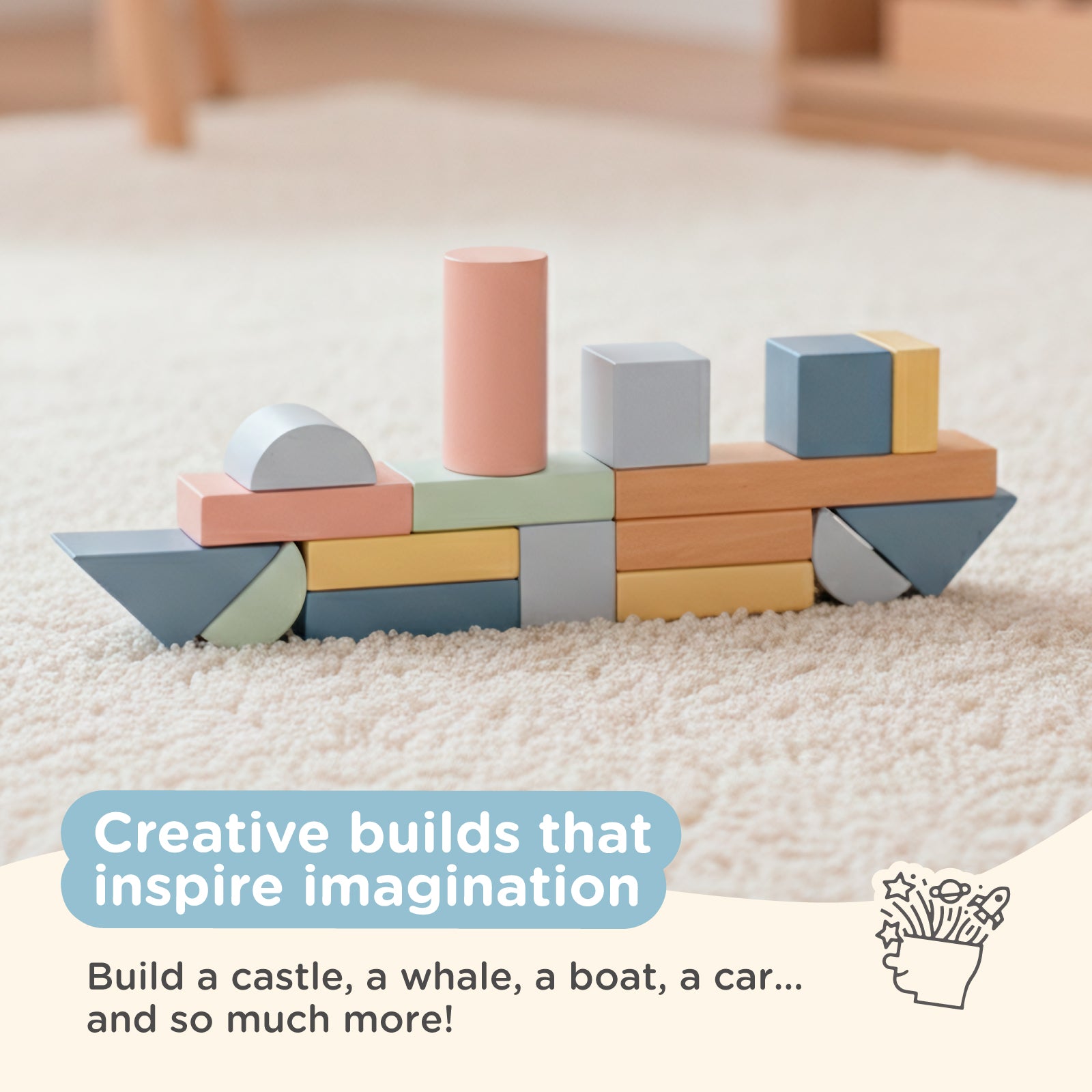 Nene Toys Building & Stacking 100pcs Wooden Building Blocks blocchi legno pastello