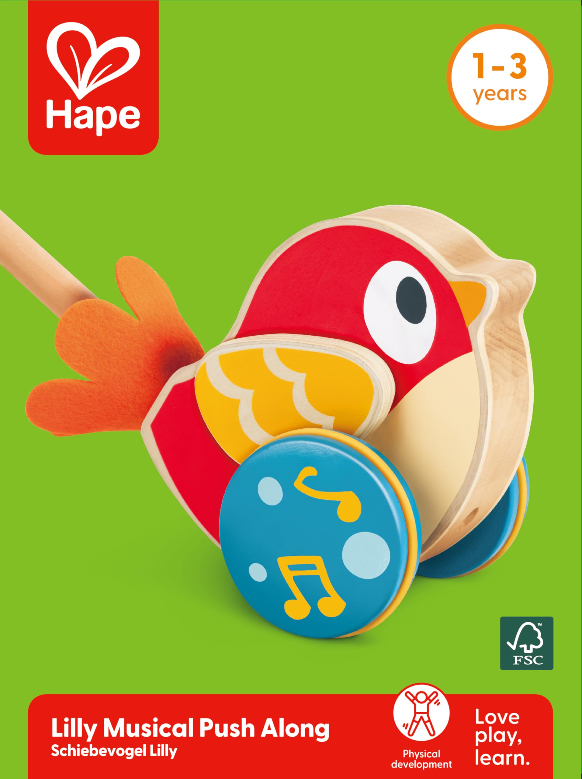 Hape Spingi e cammina Lilly uccellino musicale in legno