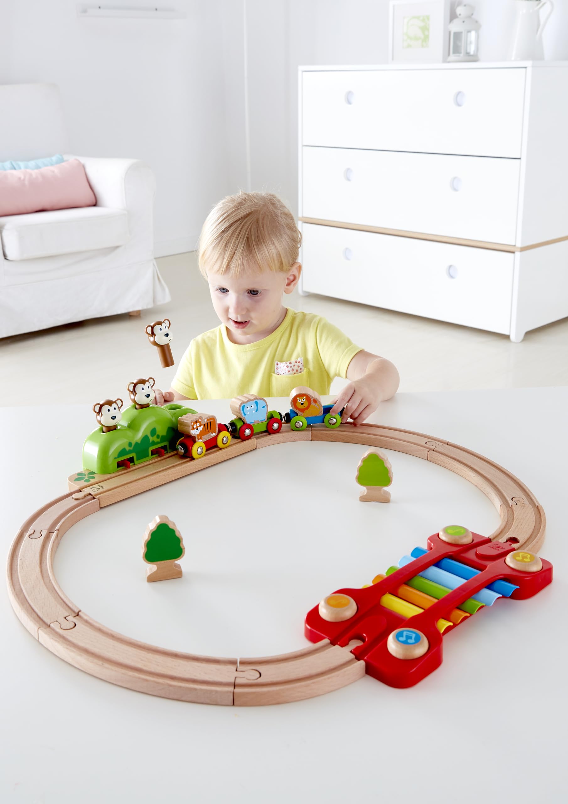 Hape Treno Percorso Musica e Scimmiette Saltellanti treno musicale legno