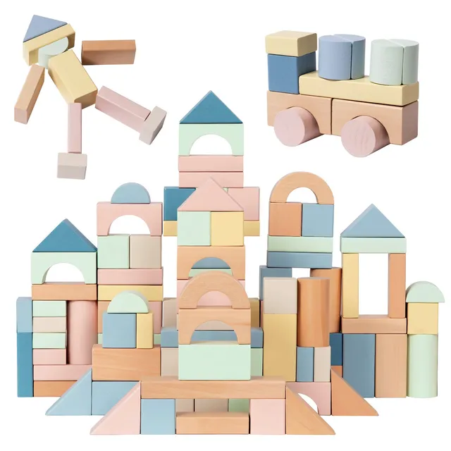 Nene Toys Building & Stacking 100pcs Wooden Building Blocks blocchi legno pastello