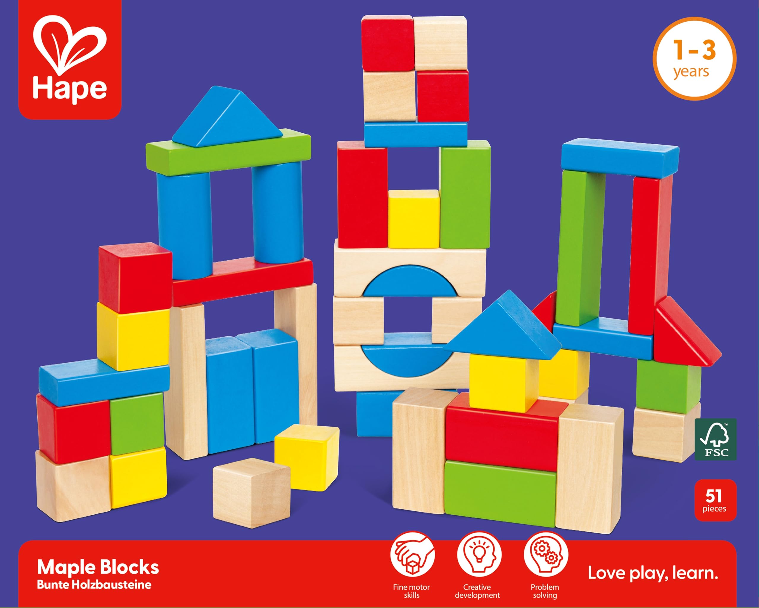 Hape Montare e costruire Blocchi d’Acero costruzioni in legno 50 pezzi colorati