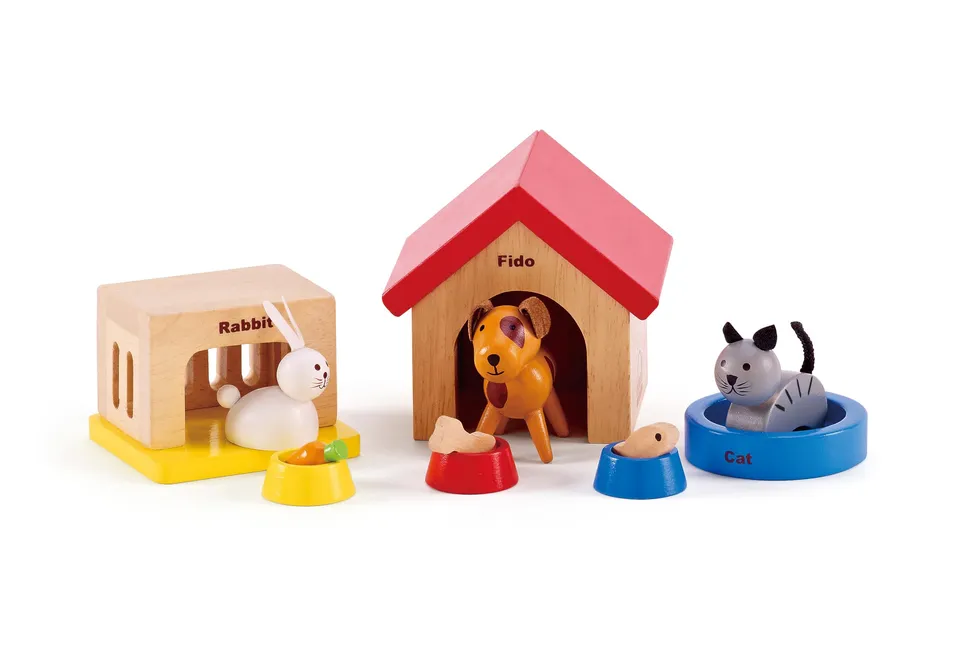Hape Animali Domestici per la casa delle bambole set cane gatto coniglio in legno