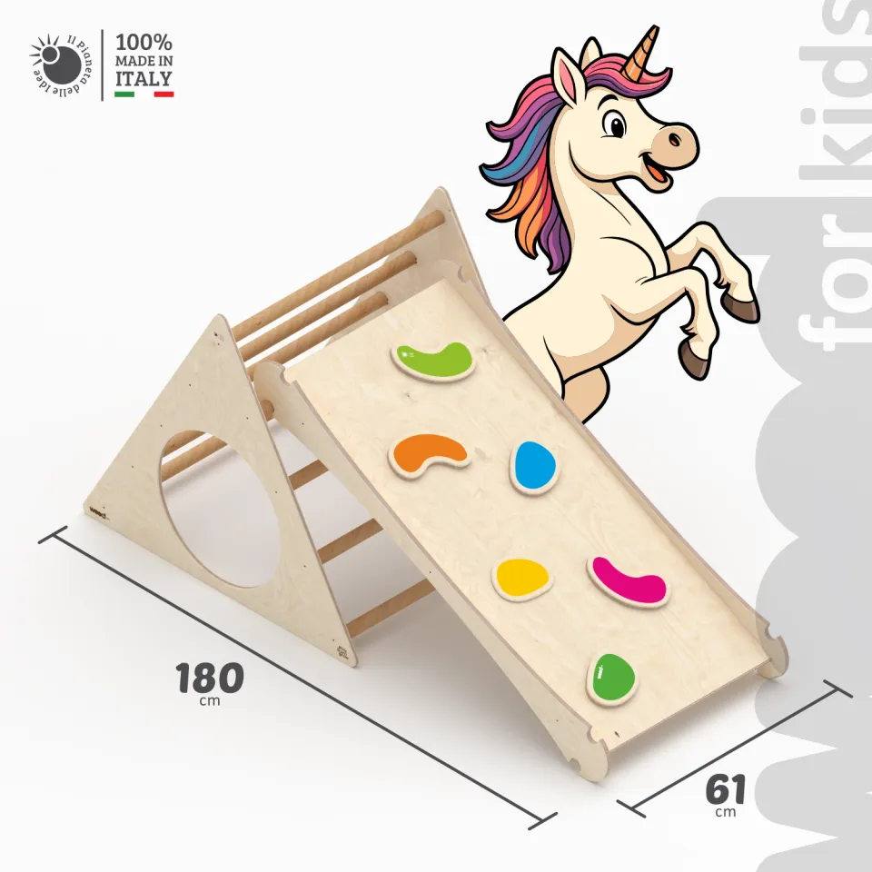 Il Pianeta delle idee Wood for Kids Montessori Triangolo di Pikler con Scivolo triangolo in legno