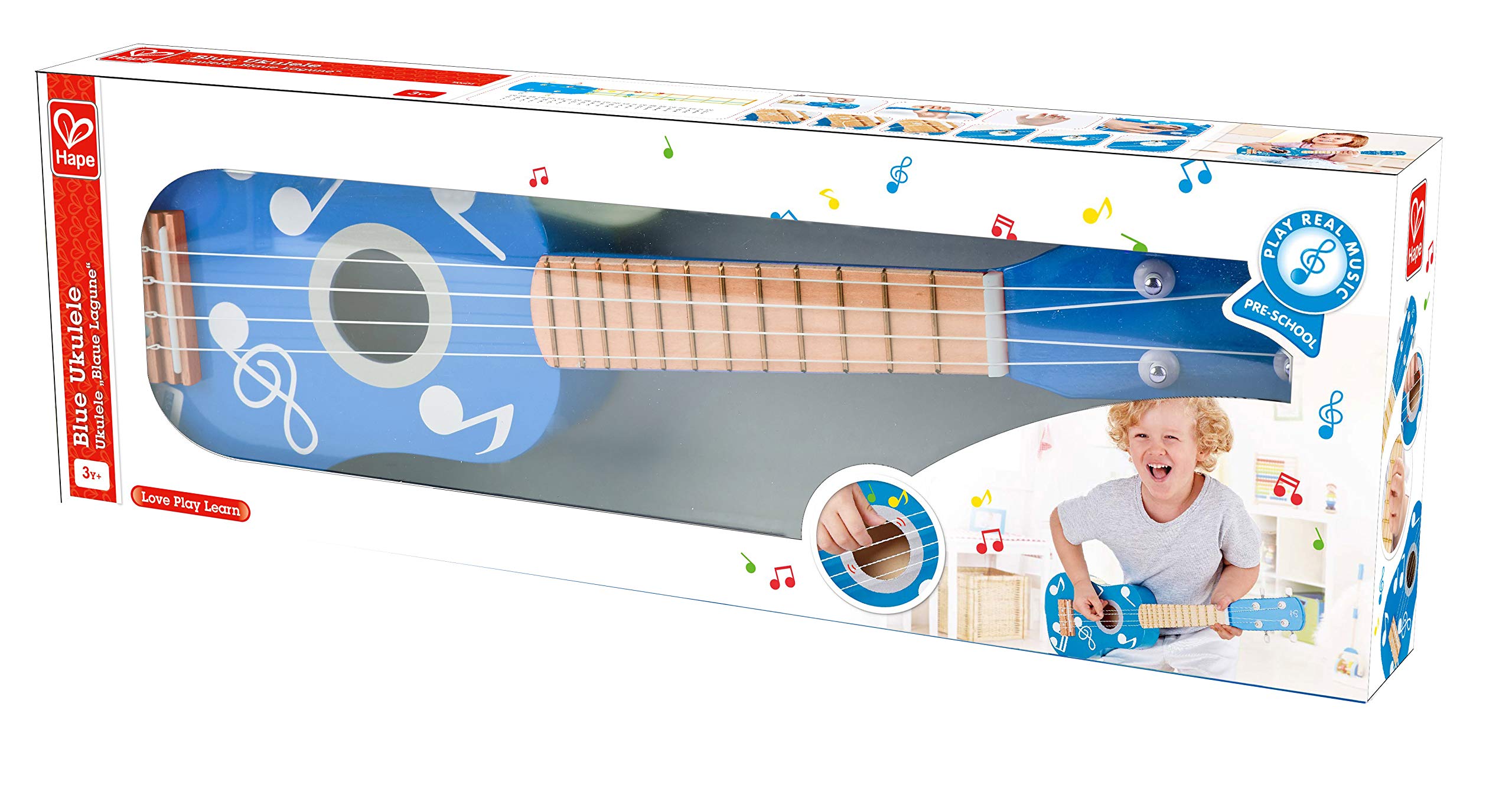 Hape Giochi musicali E0604 Chitarra per ukulele in legno blu accordabile