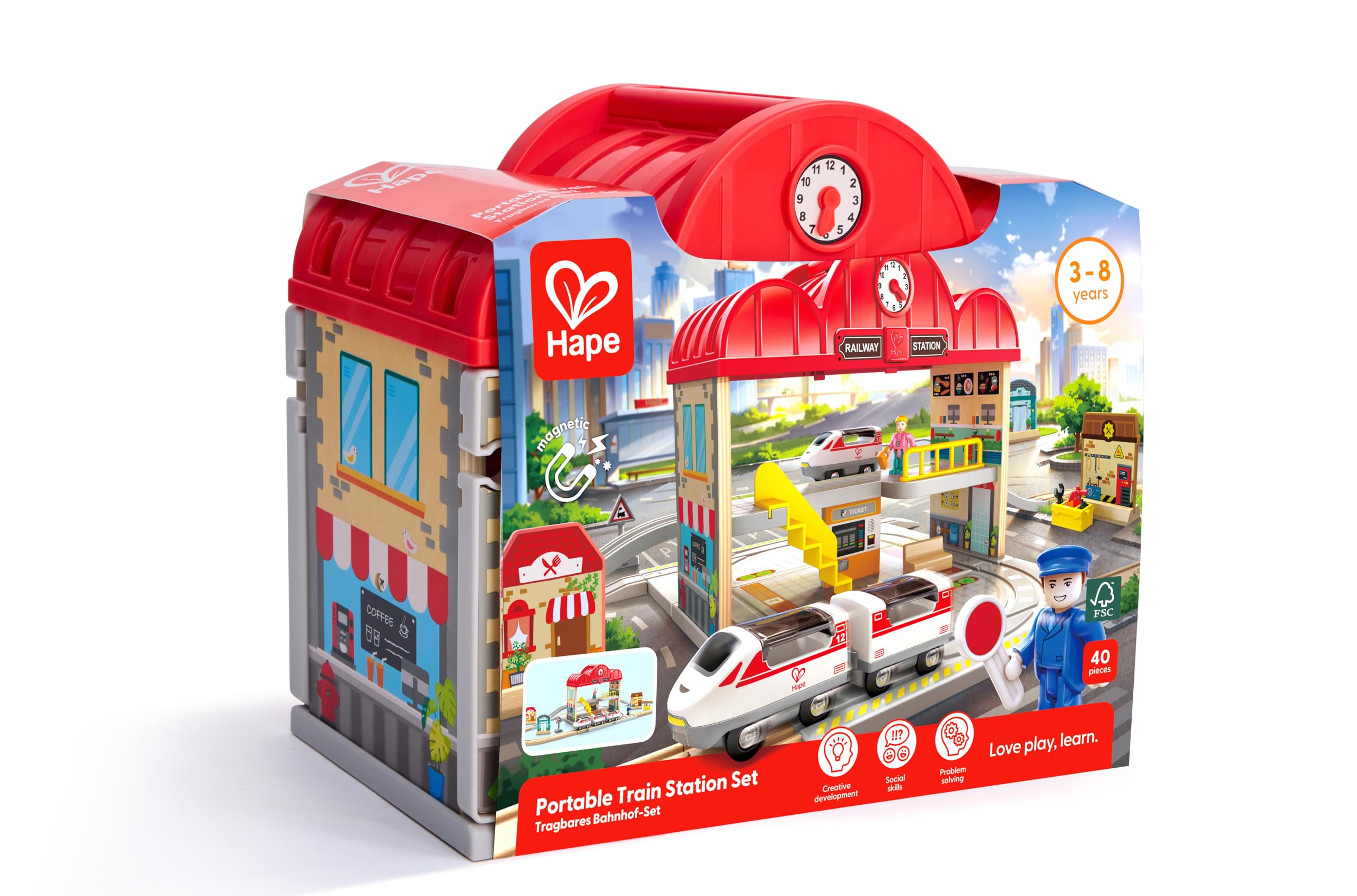 Hape Treno Set stazione ferroviaria portatile in legno con personaggi