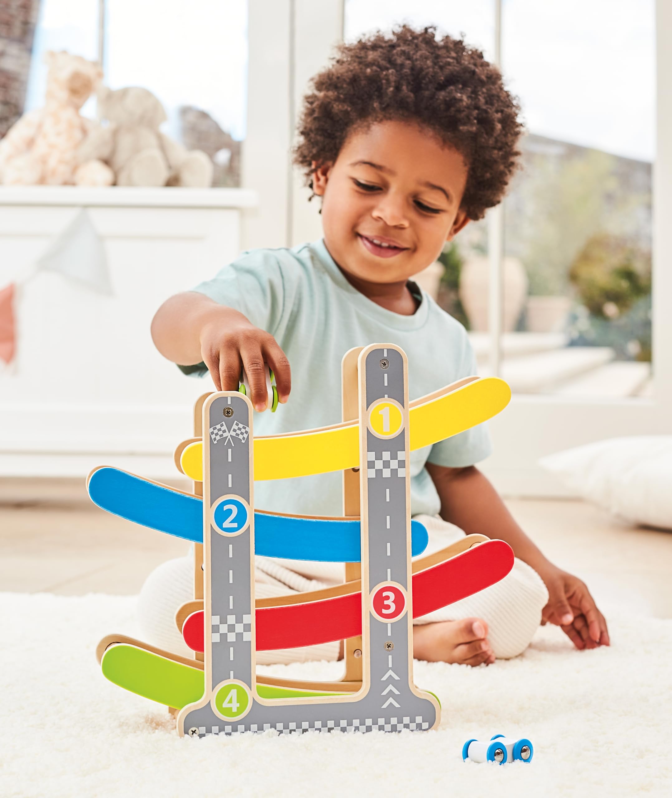 Hape Giochi circuito macchinine in discesa pista in legno con 3 auto