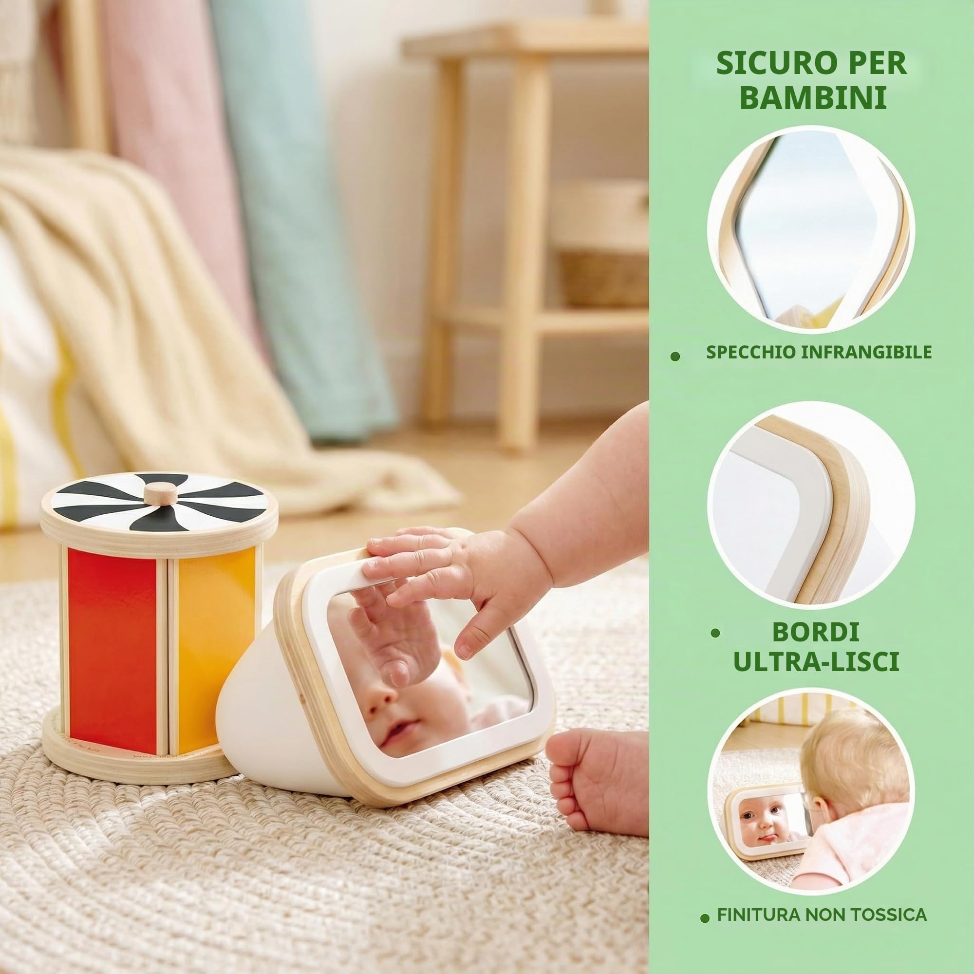 Hape Giocattoli per le abilità motorie Tamburo rotativo con specchio gioco 2 in 1
