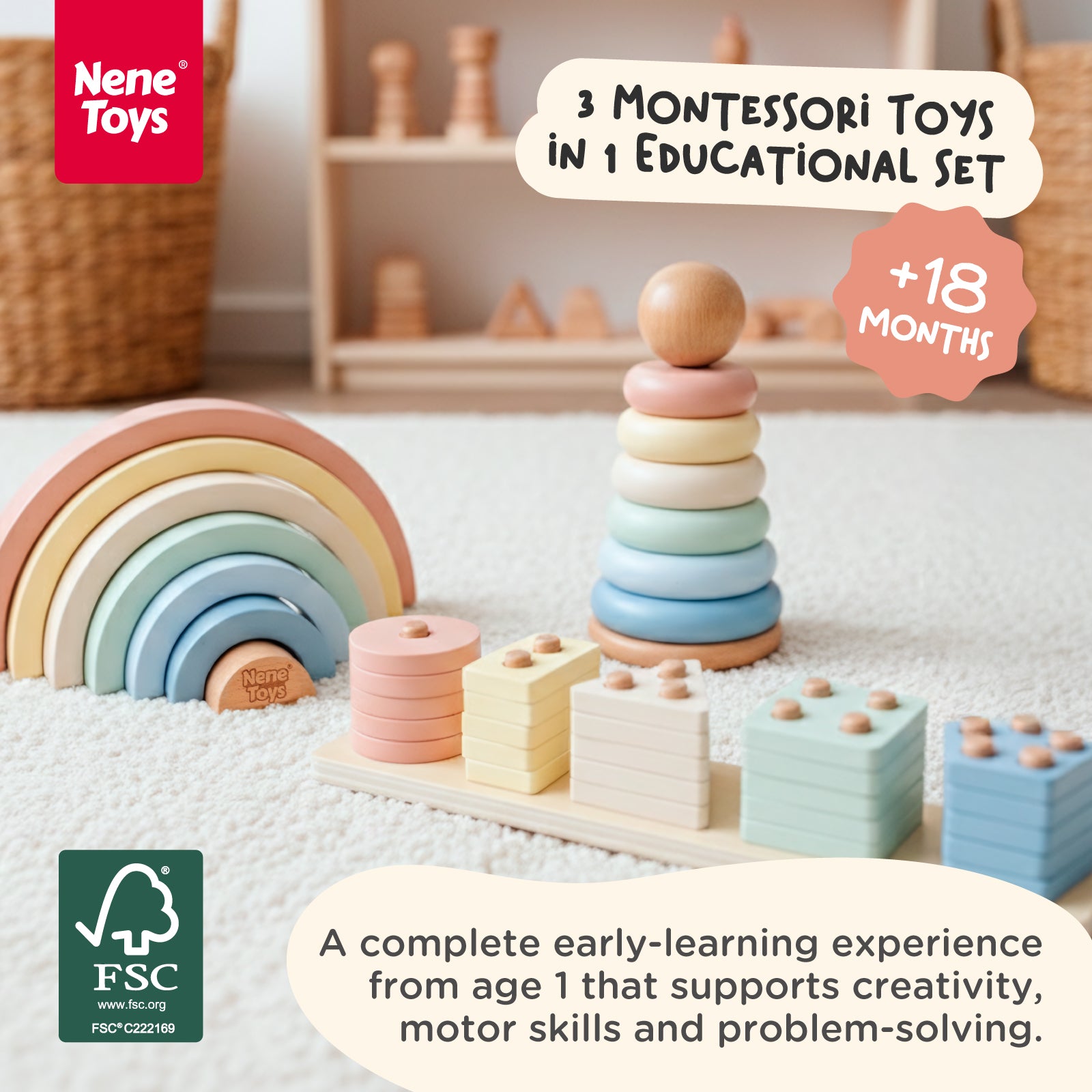 Nene Toys Building & Stacking 3 in 1 Learning Set gioco legno colori pastello