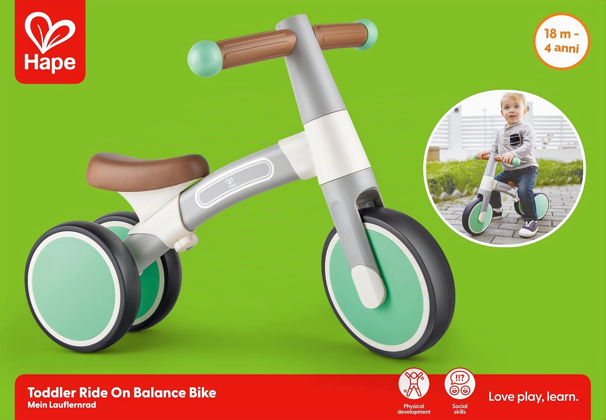 Hape Primi passi e bici triciclo verde senza pedali 3 ruote leggero