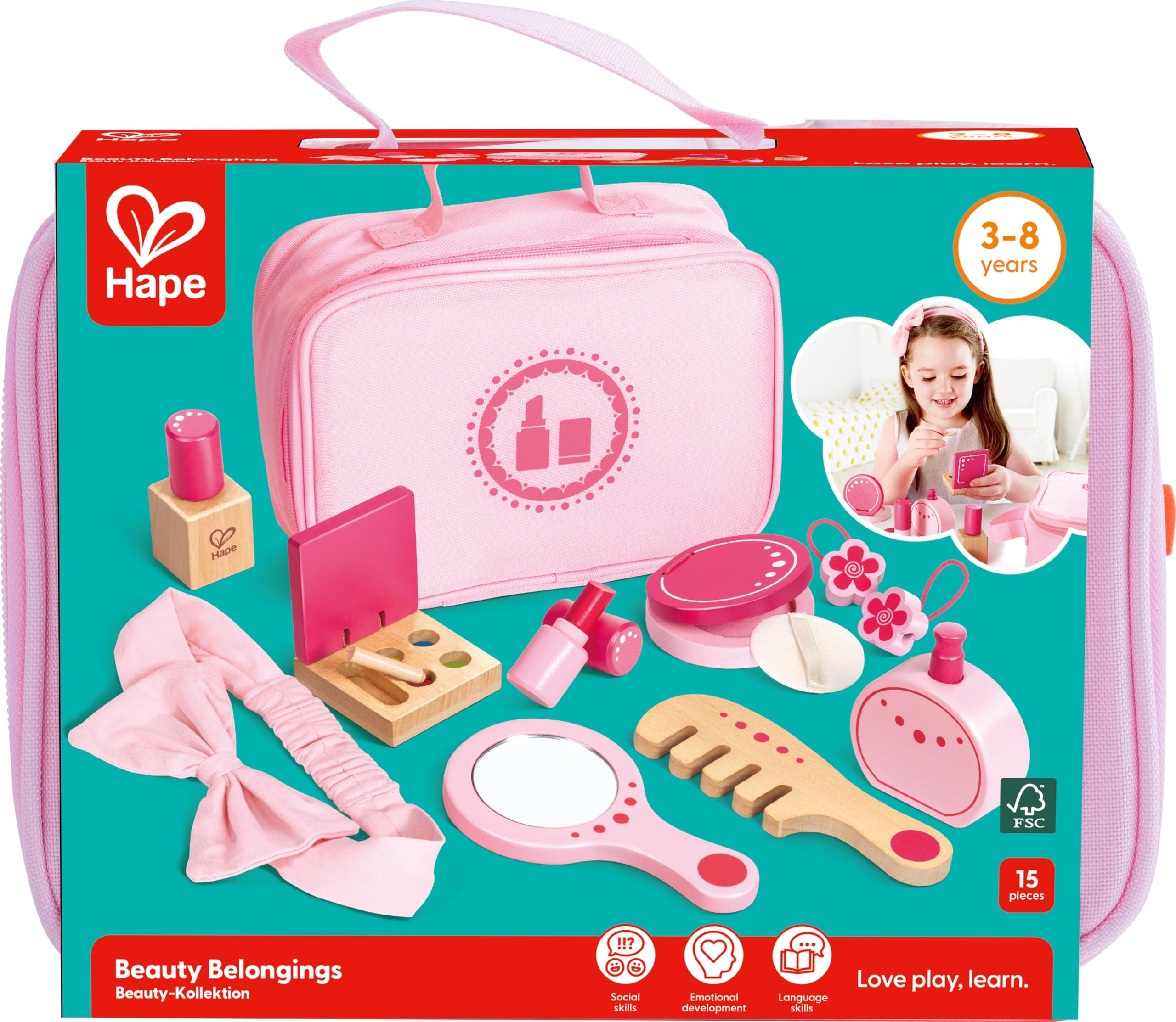 Hape Giochi di ruolo Set di Bellezza trousse rosa 11 pezzi