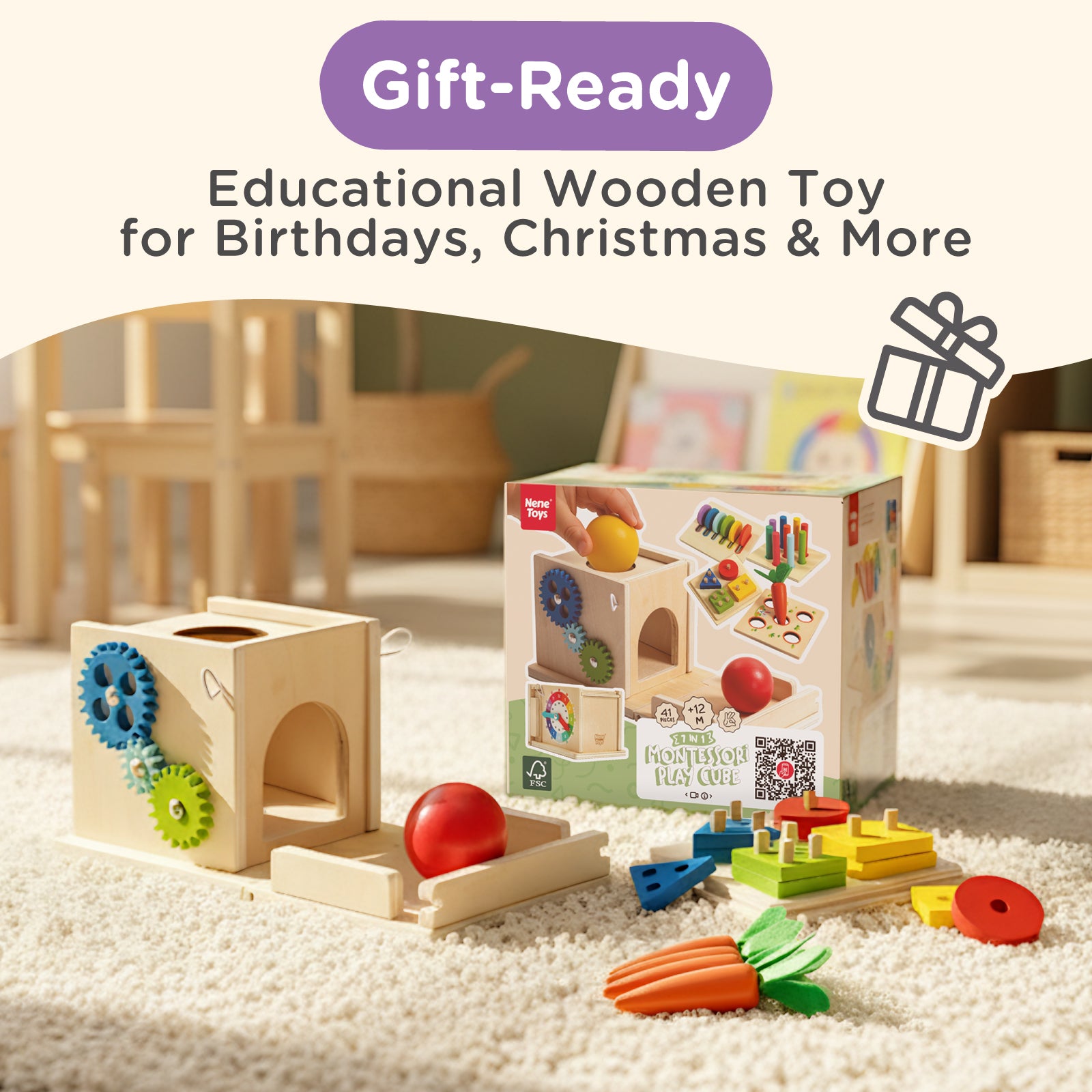 Nene Toys Building & Stacking 7 in 1 Montessori Play Cube cubo in legno