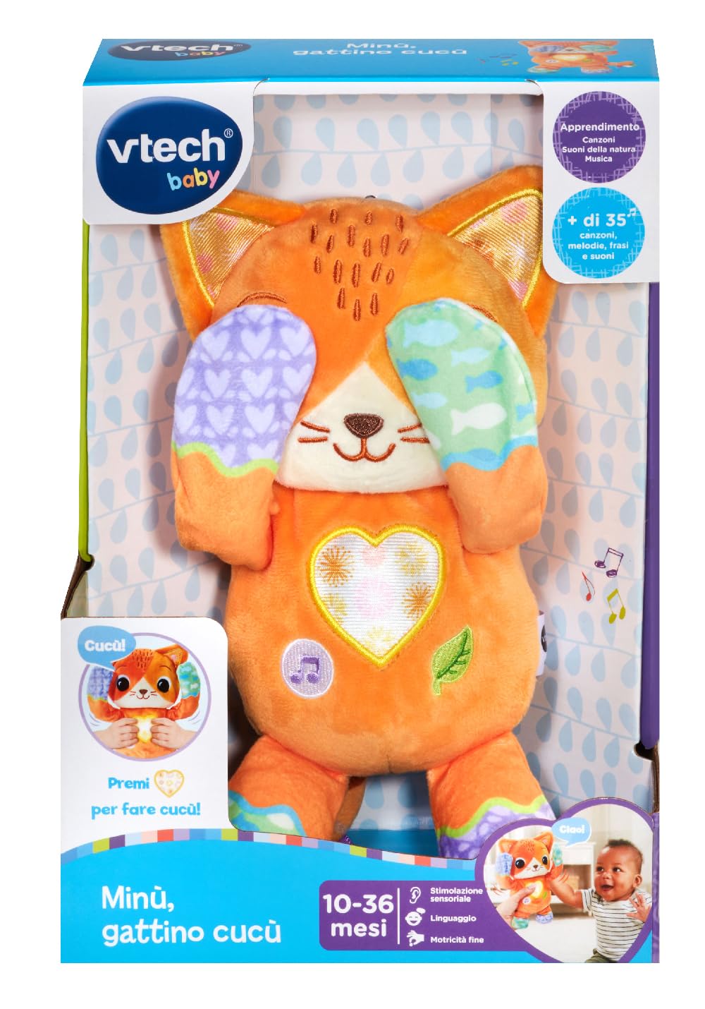 VTech Minù Gattino Cucù, peluche interattivo con suoni e musiche